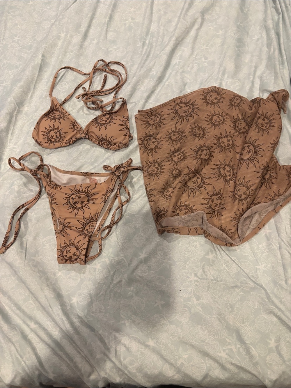 ROMWE Tan Sun-Print Triangle Bikini Set with Cover-Up